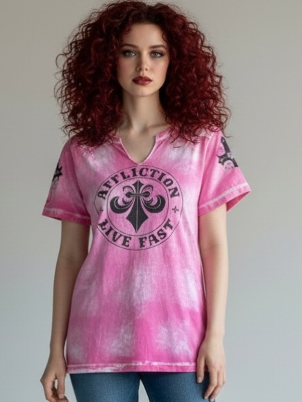 Affliction Live Fast Pink V- neck T- shirt Women’s Size XL